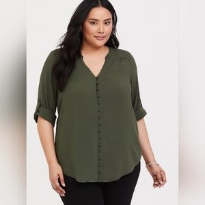 Torrid Green Harper Challis Button-Front 3/4 Sleeve Blouse Size 3X
